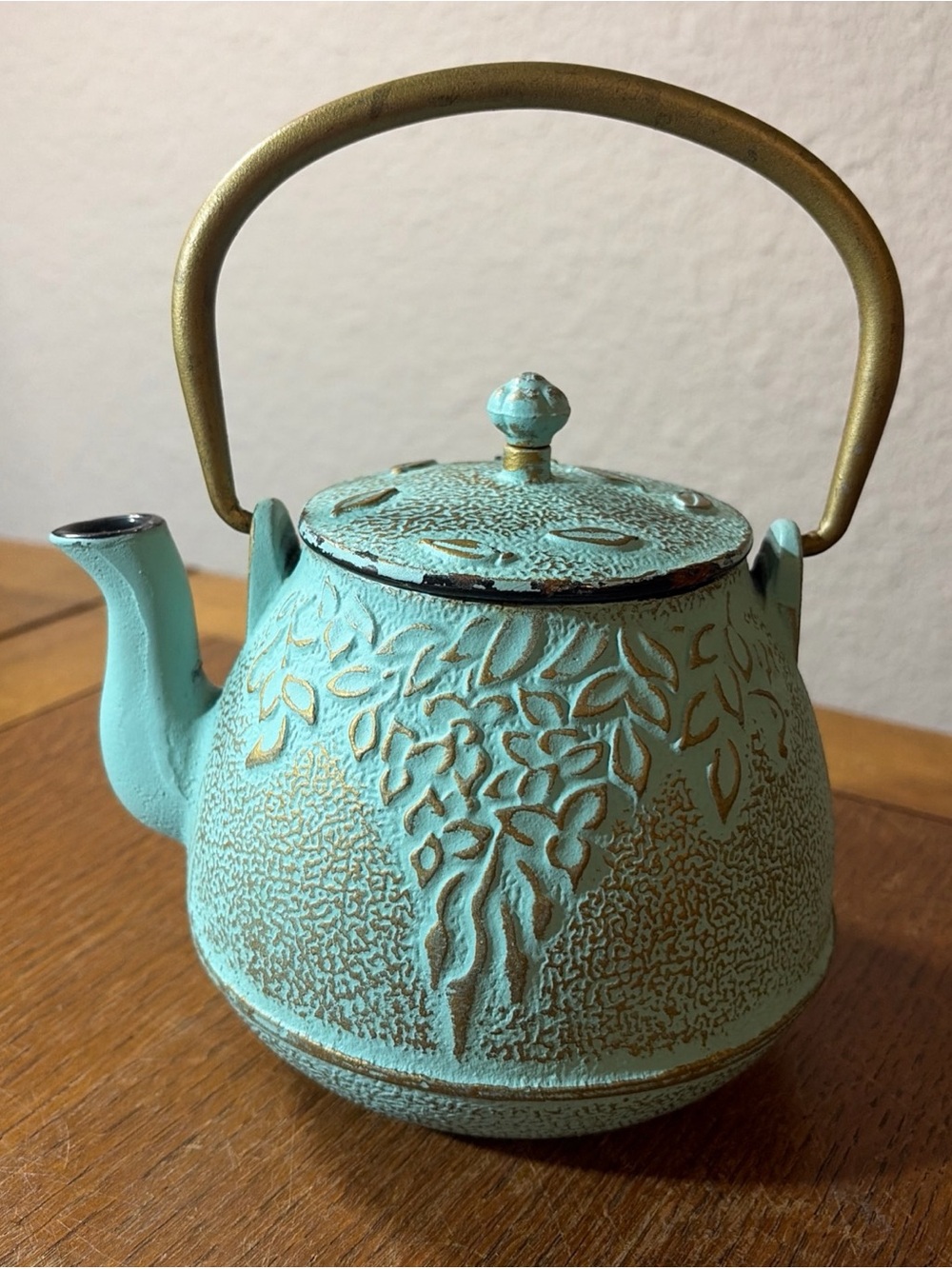 Turquoise Cast Iron Teapot with Gold Handle